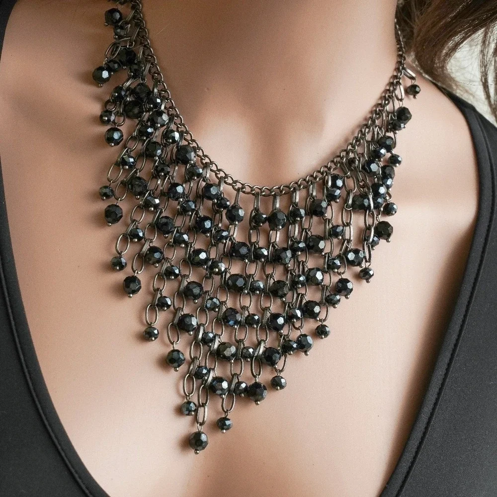 Black‎ Beaded Bib Statement Necklace Gunmetal Waterfall Drip Gothic Jewelry - Picture 3 of 5